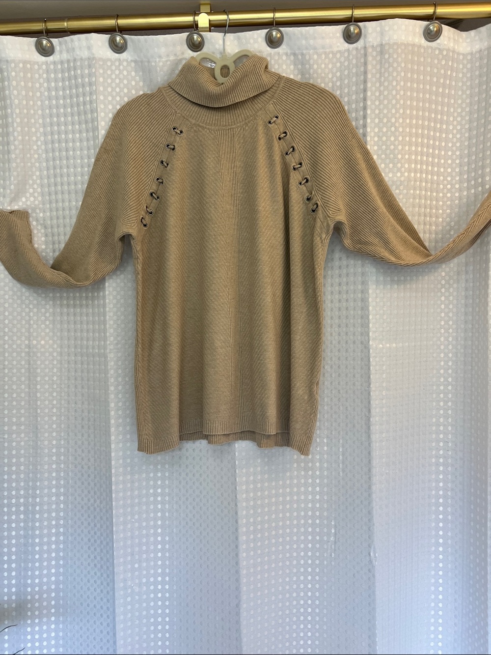 Stylish CALVIN KLEIN Beige Ribbed Knit Long Turtleneck Sweater w/Lace Up Feature